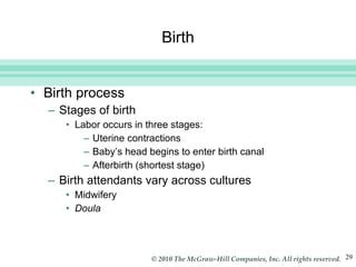 Birth Birth process Stages of birth Labor occurs in three stages:  Uterine contractions  Baby’s head begins to enter birth canal Afterbirth (shortest stage) Birth attendants vary across cultures Midwifery Doula   