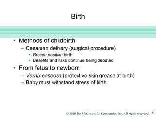 Birth Methods of childbirth Cesarean delivery (surgical procedure) Breech position  birth Benefits and risks continue being debated From fetus to newborn Vernix caseosa  (protective skin grease at birth) Baby must withstand stress of birth 