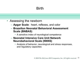 Birth Assessing the newborn Apgar Scale :  heart, reflexes, and color Brazelton Neonatal Behavioral Assessment Scale (BNBAS) A sensitive index of neurological competence Neonatal Intensive Care Unit Network Neurobehavioral Scale (NNNS) Analysis of behavior, neurological and stress responses, and regulatory capacities 