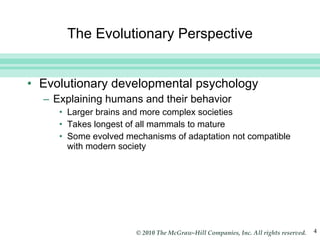 The Evolutionary Perspective Evolutionary developmental psychology Explaining humans and their behavior Larger brains and more complex societies Takes longest of all mammals to mature Some evolved mechanisms of adaptation not compatible with modern society 