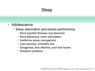 Sleep  Adolescence Sleep deprivation and school performance More reported illnesses and absences More depressed, lower self-esteem Ineffective stress management Less exercise, unhealthy diet Grogginess, less attentive, poor test scores Discipline problems 
