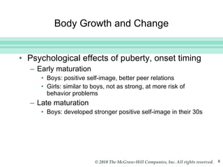 Body Growth and Change Psychological effects of puberty, onset timing Early maturation Boys: positive self-image, better peer relations Girls: similar to boys, not as strong, at more risk of behavior problems  Late maturation Boys: developed stronger positive self-image in their 30s 