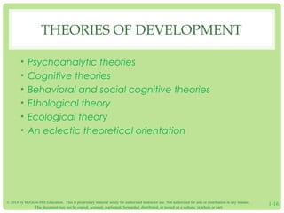 THEORIES OF DEVELOPMENT 
• Psychoanalytic theories 
• Cognitive theories 
• Behavioral and social cognitive theories 
• Ethological theory 
• Ecological theory 
• An eclectic theoretical orientation 
© 2014 by McGraw-Hill Education. This is proprietary material solely for authorized instructor use. Not authorized for sale or distribution in any manner. 
This document may not be copied, scanned, duplicated, forwarded, distributed, or posted on a website, in whole or part. 1-16 
 