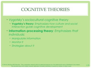 COGNITIVE THEORIES 
• Vygotsky’s sociocultural cognitive theory 
• Vygotsky’s theory: Emphasizes how culture and social 
interaction guide cognitive development 
• Information-processing theory: Emphasizes that 
individuals: 
• Manipulate information 
• Monitor it 
• Strategize about it 
© 2014 by McGraw-Hill Education. This is proprietary material solely for authorized instructor use. Not authorized for sale or distribution in any manner. 
This document may not be copied, scanned, duplicated, forwarded, distributed, or posted on a website, in whole or part. 1-26 
 