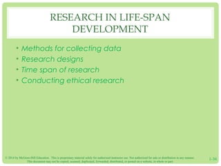 RESEARCH IN LIFE-SPAN 
DEVELOPMENT 
• Methods for collecting data 
• Research designs 
• Time span of research 
• Conducting ethical research 
© 2014 by McGraw-Hill Education. This is proprietary material solely for authorized instructor use. Not authorized for sale or distribution in any manner. 
This document may not be copied, scanned, duplicated, forwarded, distributed, or posted on a website, in whole or part. 1-36 
 