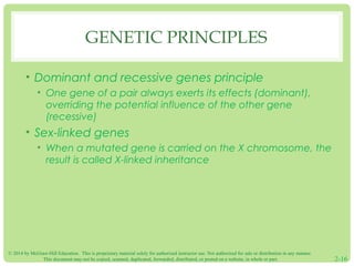 GENETIC PRINCIPLES 
• Dominant and recessive genes principle 
• One gene of a pair always exerts its effects (dominant), 
overriding the potential influence of the other gene 
(recessive) 
• Sex-linked genes 
• When a mutated gene is carried on the X chromosome, the 
result is called X-linked inheritance 
© 2014 by McGraw-Hill Education. This is proprietary material solely for authorized instructor use. Not authorized for sale or distribution in any manner. 
This document may not be copied, scanned, duplicated, forwarded, distributed, or posted on a website, in whole or part. 2-16 
 