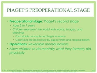 PIAGET’S PREOPERATIONAL STAGE 
• Preoperational stage: Piaget’s second stage 
• Ages 2 to 7 years 
• Children represent th...
