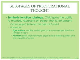 SUBSTAGES OF PREOPERATIONAL 
THOUGHT 
• Symbolic function substage: Child gains the ability 
to mentally represent an obje...