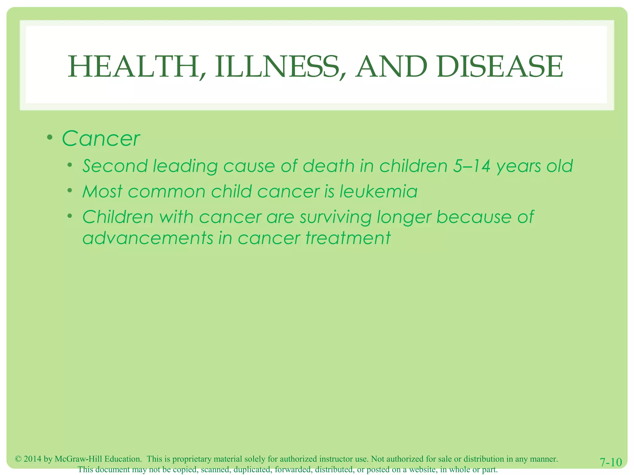 © 2014 by McGraw-Hill Education. This is proprietary material solely for authorized instructor use. Not authorized for sale or distribution in any manner.
This document may not be copied, scanned, duplicated, forwarded, distributed, or posted on a website, in whole or part.
7-10
HEALTH, ILLNESS, AND DISEASE
• Cancer
• Second leading cause of death in children 5–14 years old
• Most common child cancer is leukemia
• Children with cancer are surviving longer because of
advancements in cancer treatment
 