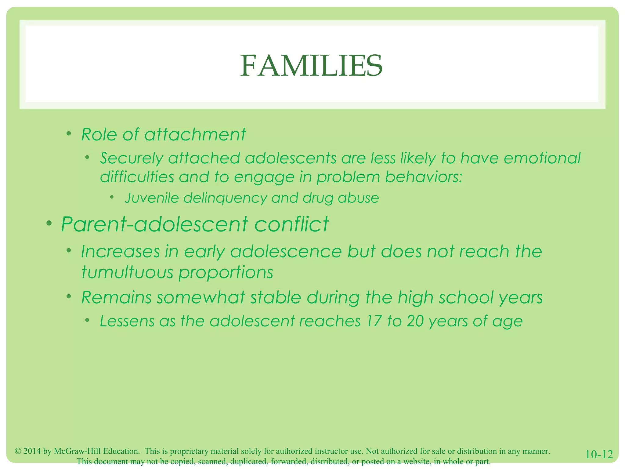 © 2014 by McGraw-Hill Education. This is proprietary material solely for authorized instructor use. Not authorized for sale or distribution in any manner.
This document may not be copied, scanned, duplicated, forwarded, distributed, or posted on a website, in whole or part.
10-12
FAMILIES
• Role of attachment
• Securely attached adolescents are less likely to have emotional
difficulties and to engage in problem behaviors:
• Juvenile delinquency and drug abuse
• Parent-adolescent conflict
• Increases in early adolescence but does not reach the
tumultuous proportions
• Remains somewhat stable during the high school years
• Lessens as the adolescent reaches 17 to 20 years of age
 