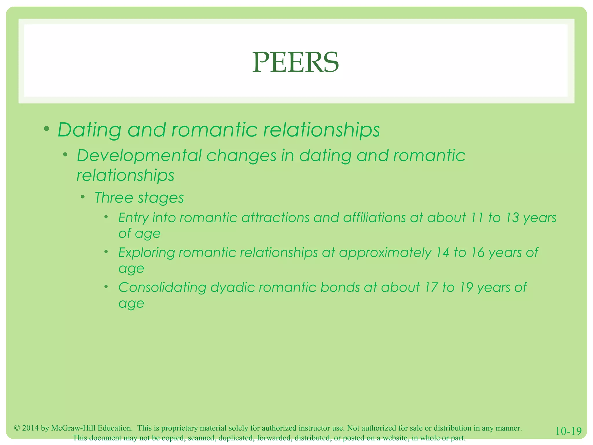 © 2014 by McGraw-Hill Education. This is proprietary material solely for authorized instructor use. Not authorized for sale or distribution in any manner.
This document may not be copied, scanned, duplicated, forwarded, distributed, or posted on a website, in whole or part.
10-19
PEERS
• Dating and romantic relationships
• Developmental changes in dating and romantic
relationships
• Three stages
• Entry into romantic attractions and affiliations at about 11 to 13 years
of age
• Exploring romantic relationships at approximately 14 to 16 years of
age
• Consolidating dyadic romantic bonds at about 17 to 19 years of
age
 