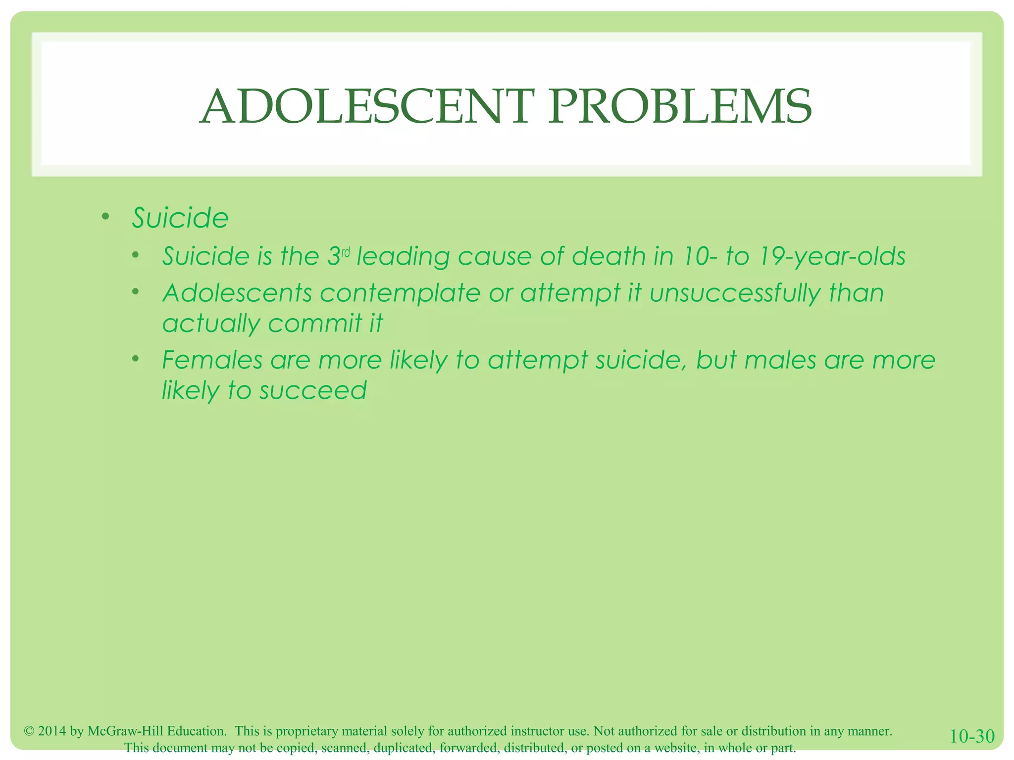 © 2014 by McGraw-Hill Education. This is proprietary material solely for authorized instructor use. Not authorized for sale or distribution in any manner.
This document may not be copied, scanned, duplicated, forwarded, distributed, or posted on a website, in whole or part.
10-30
ADOLESCENT PROBLEMS
• Suicide
• Suicide is the 3rd
leading cause of death in 10- to 19-year-olds
• Adolescents contemplate or attempt it unsuccessfully than
actually commit it
• Females are more likely to attempt suicide, but males are more
likely to succeed
 