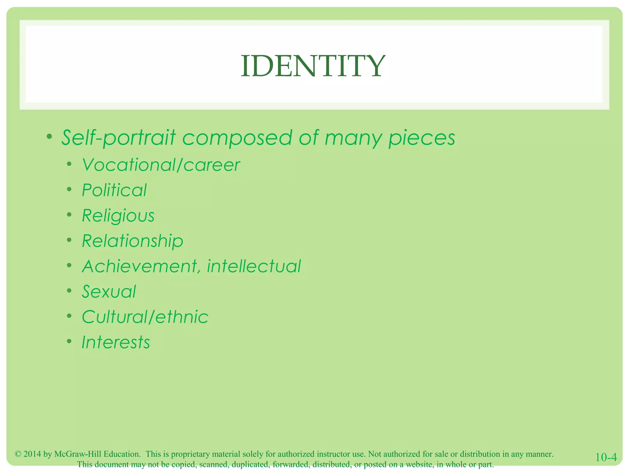 © 2014 by McGraw-Hill Education. This is proprietary material solely for authorized instructor use. Not authorized for sale or distribution in any manner.
This document may not be copied, scanned, duplicated, forwarded, distributed, or posted on a website, in whole or part.
10-4
IDENTITY
• Self-portrait composed of many pieces
• Vocational/career
• Political
• Religious
• Relationship
• Achievement, intellectual
• Sexual
• Cultural/ethnic
• Interests
 