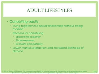 © 2014 by McGraw-Hill Education. This is proprietary material solely for authorized instructor use. Not authorized for sale or distribution in any manner.
This document may not be copied, scanned, duplicated, forwarded, distributed, or posted on a website, in whole or part.
12-12
ADULT LIFESTYLES
• Cohabiting adults
• Living together in a sexual relationship without being
married
• Reasons for cohabiting
• Spend time together
• Share expenses
• Evaluate compatibility
• Lower marital satisfaction and increased likelihood of
divorce
 