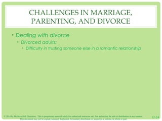 © 2014 by McGraw-Hill Education. This is proprietary material solely for authorized instructor use. Not authorized for sale or distribution in any manner.
This document may not be copied, scanned, duplicated, forwarded, distributed, or posted on a website, in whole or part.
12-24
CHALLENGES IN MARRIAGE,
PARENTING, AND DIVORCE
• Dealing with divorce
• Divorced adults:
• Difficulty in trusting someone else in a romantic relationship
 