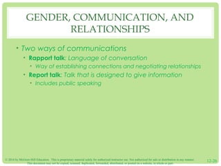 © 2014 by McGraw-Hill Education. This is proprietary material solely for authorized instructor use. Not authorized for sale or distribution in any manner.
This document may not be copied, scanned, duplicated, forwarded, distributed, or posted on a website, in whole or part.
12-26
GENDER, COMMUNICATION, AND
RELATIONSHIPS
• Two ways of communications
• Rapport talk: Language of conversation
• Way of establishing connections and negotiating relationships
• Report talk: Talk that is designed to give information
• Includes public speaking
 