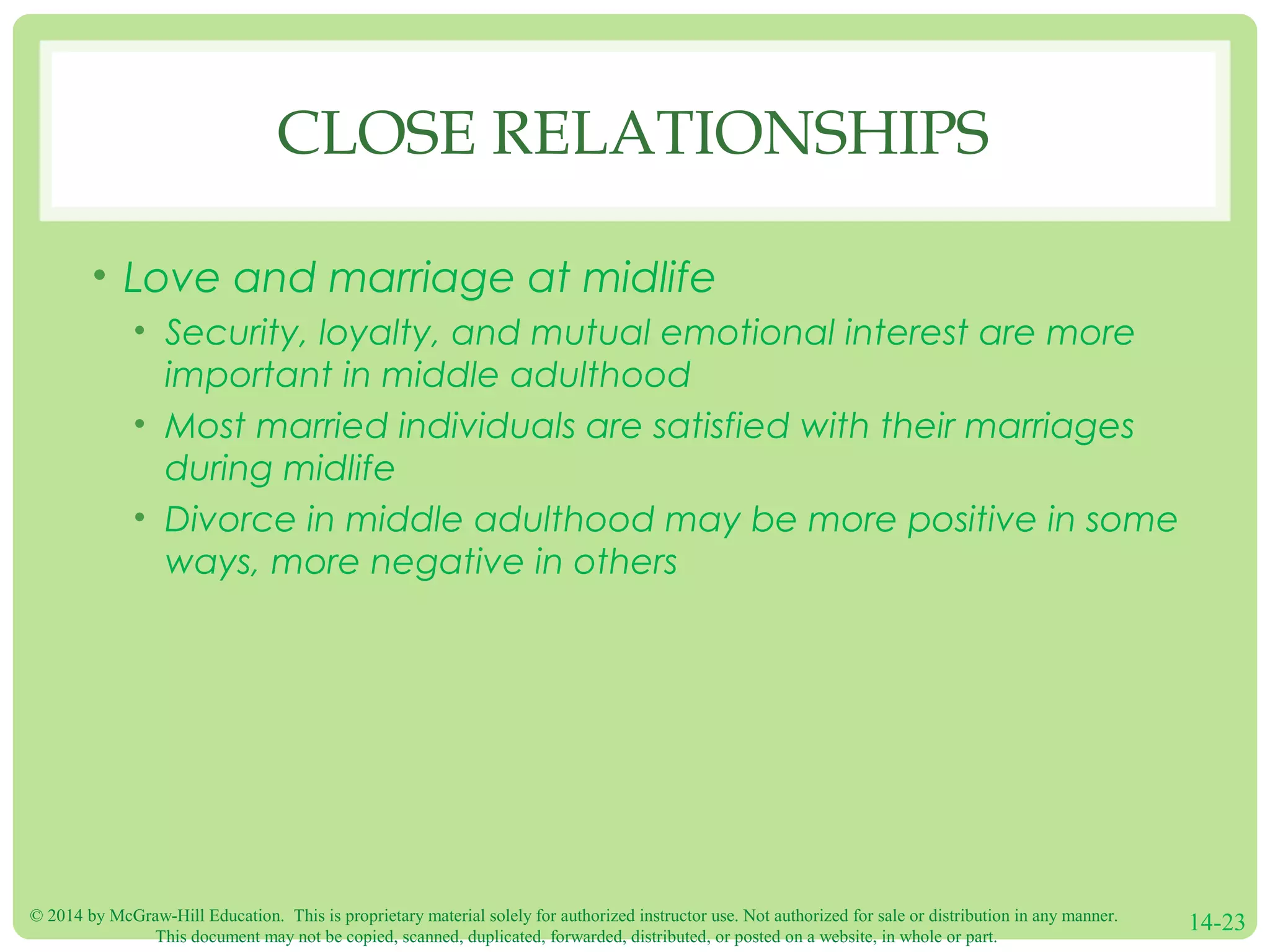 © 2014 by McGraw-Hill Education. This is proprietary material solely for authorized instructor use. Not authorized for sale or distribution in any manner.
This document may not be copied, scanned, duplicated, forwarded, distributed, or posted on a website, in whole or part.
14-23
CLOSE RELATIONSHIPS
• Love and marriage at midlife
• Security, loyalty, and mutual emotional interest are more
important in middle adulthood
• Most married individuals are satisfied with their marriages
during midlife
• Divorce in middle adulthood may be more positive in some
ways, more negative in others
 