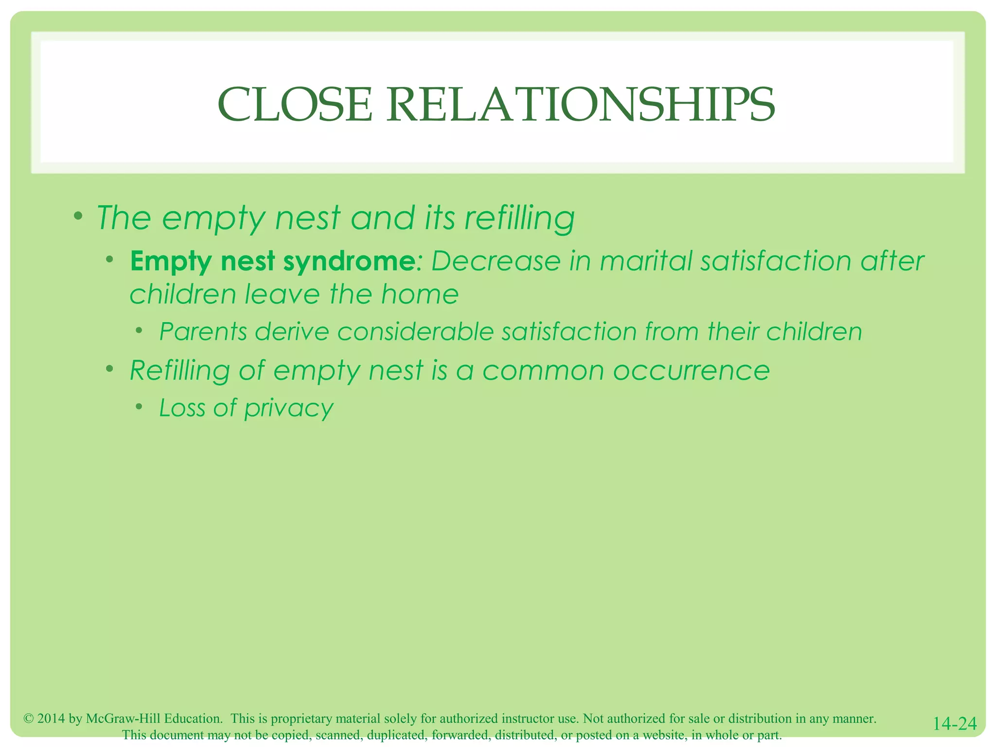 © 2014 by McGraw-Hill Education. This is proprietary material solely for authorized instructor use. Not authorized for sale or distribution in any manner.
This document may not be copied, scanned, duplicated, forwarded, distributed, or posted on a website, in whole or part.
14-24
CLOSE RELATIONSHIPS
• The empty nest and its refilling
• Empty nest syndrome: Decrease in marital satisfaction after
children leave the home
• Parents derive considerable satisfaction from their children
• Refilling of empty nest is a common occurrence
• Loss of privacy
 