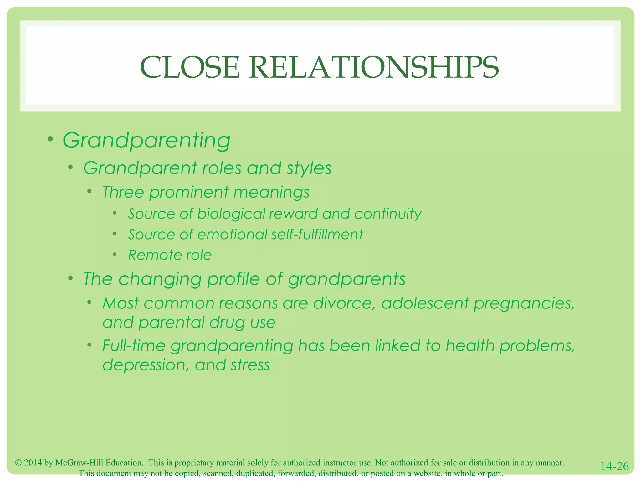 © 2014 by McGraw-Hill Education. This is proprietary material solely for authorized instructor use. Not authorized for sale or distribution in any manner.
This document may not be copied, scanned, duplicated, forwarded, distributed, or posted on a website, in whole or part.
14-26
CLOSE RELATIONSHIPS
• Grandparenting
• Grandparent roles and styles
• Three prominent meanings
• Source of biological reward and continuity
• Source of emotional self-fulfillment
• Remote role
• The changing profile of grandparents
• Most common reasons are divorce, adolescent pregnancies,
and parental drug use
• Full-time grandparenting has been linked to health problems,
depression, and stress
 