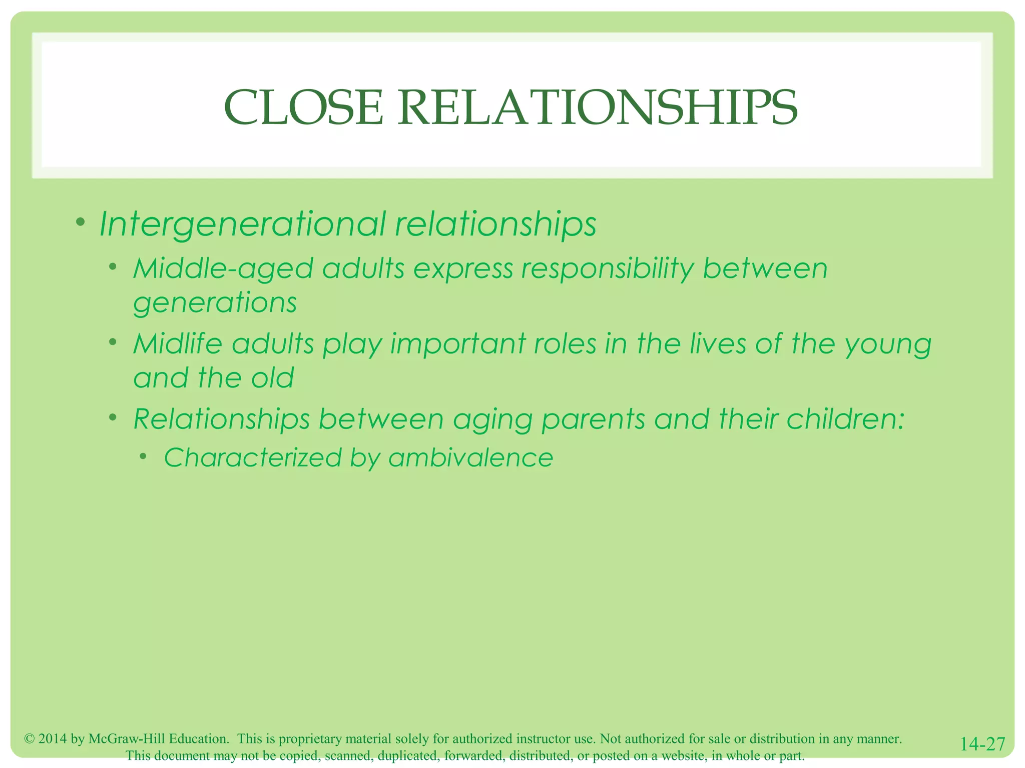 © 2014 by McGraw-Hill Education. This is proprietary material solely for authorized instructor use. Not authorized for sale or distribution in any manner.
This document may not be copied, scanned, duplicated, forwarded, distributed, or posted on a website, in whole or part.
14-27
CLOSE RELATIONSHIPS
• Intergenerational relationships
• Middle-aged adults express responsibility between
generations
• Midlife adults play important roles in the lives of the young
and the old
• Relationships between aging parents and their children:
• Characterized by ambivalence
 