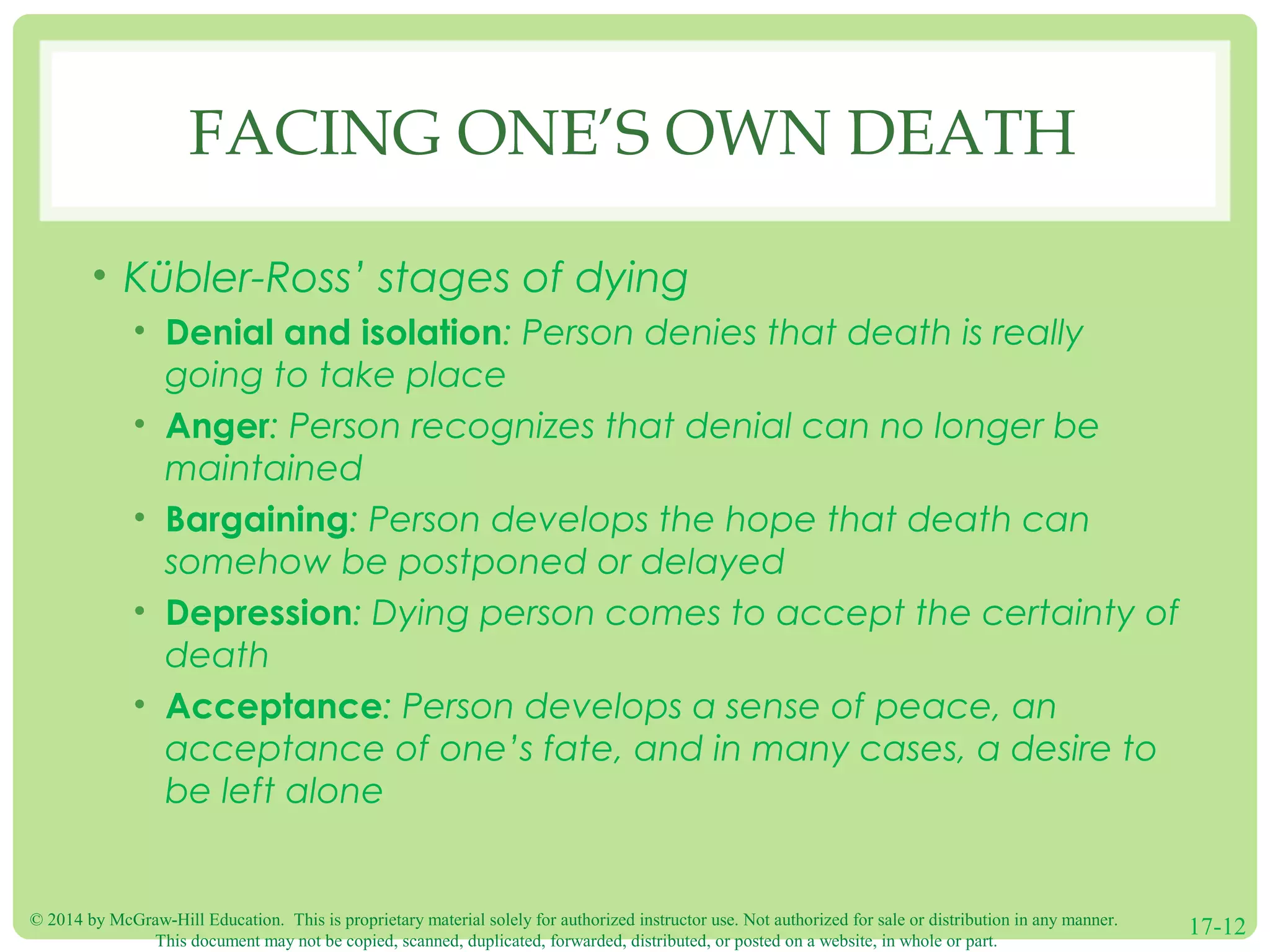 © 2014 by McGraw-Hill Education. This is proprietary material solely for authorized instructor use. Not authorized for sale or distribution in any manner.
This document may not be copied, scanned, duplicated, forwarded, distributed, or posted on a website, in whole or part.
17-12
FACING ONE’S OWN DEATH
• Kübler-Ross’ stages of dying
• Denial and isolation: Person denies that death is really
going to take place
• Anger: Person recognizes that denial can no longer be
maintained
• Bargaining: Person develops the hope that death can
somehow be postponed or delayed
• Depression: Dying person comes to accept the certainty of
death
• Acceptance: Person develops a sense of peace, an
acceptance of one’s fate, and in many cases, a desire to
be left alone
 
