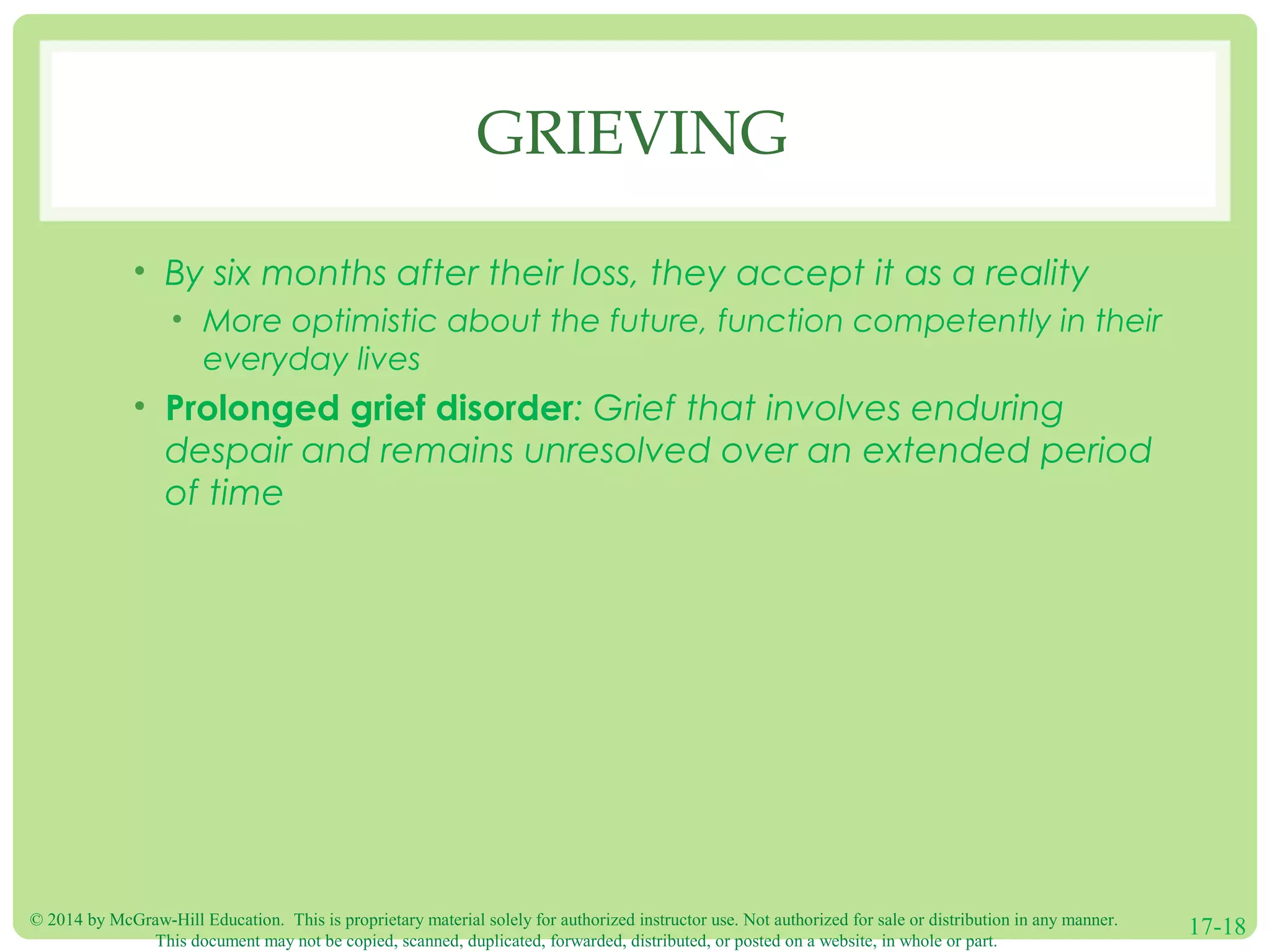 © 2014 by McGraw-Hill Education. This is proprietary material solely for authorized instructor use. Not authorized for sale or distribution in any manner.
This document may not be copied, scanned, duplicated, forwarded, distributed, or posted on a website, in whole or part.
17-18
GRIEVING
• By six months after their loss, they accept it as a reality
• More optimistic about the future, function competently in their
everyday lives
• Prolonged grief disorder: Grief that involves enduring
despair and remains unresolved over an extended period
of time
 