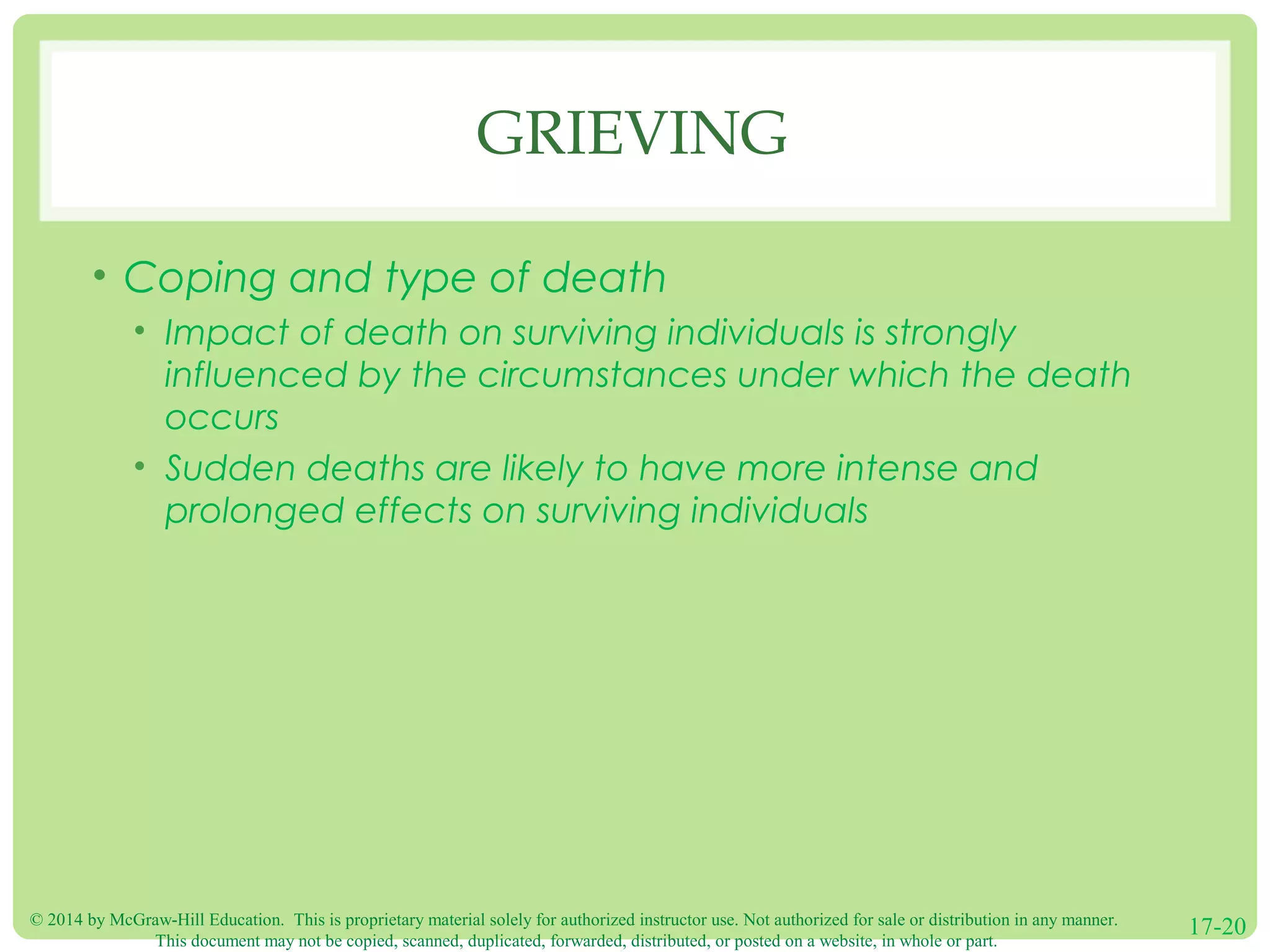 © 2014 by McGraw-Hill Education. This is proprietary material solely for authorized instructor use. Not authorized for sale or distribution in any manner.
This document may not be copied, scanned, duplicated, forwarded, distributed, or posted on a website, in whole or part.
17-20
GRIEVING
• Coping and type of death
• Impact of death on surviving individuals is strongly
influenced by the circumstances under which the death
occurs
• Sudden deaths are likely to have more intense and
prolonged effects on surviving individuals
 