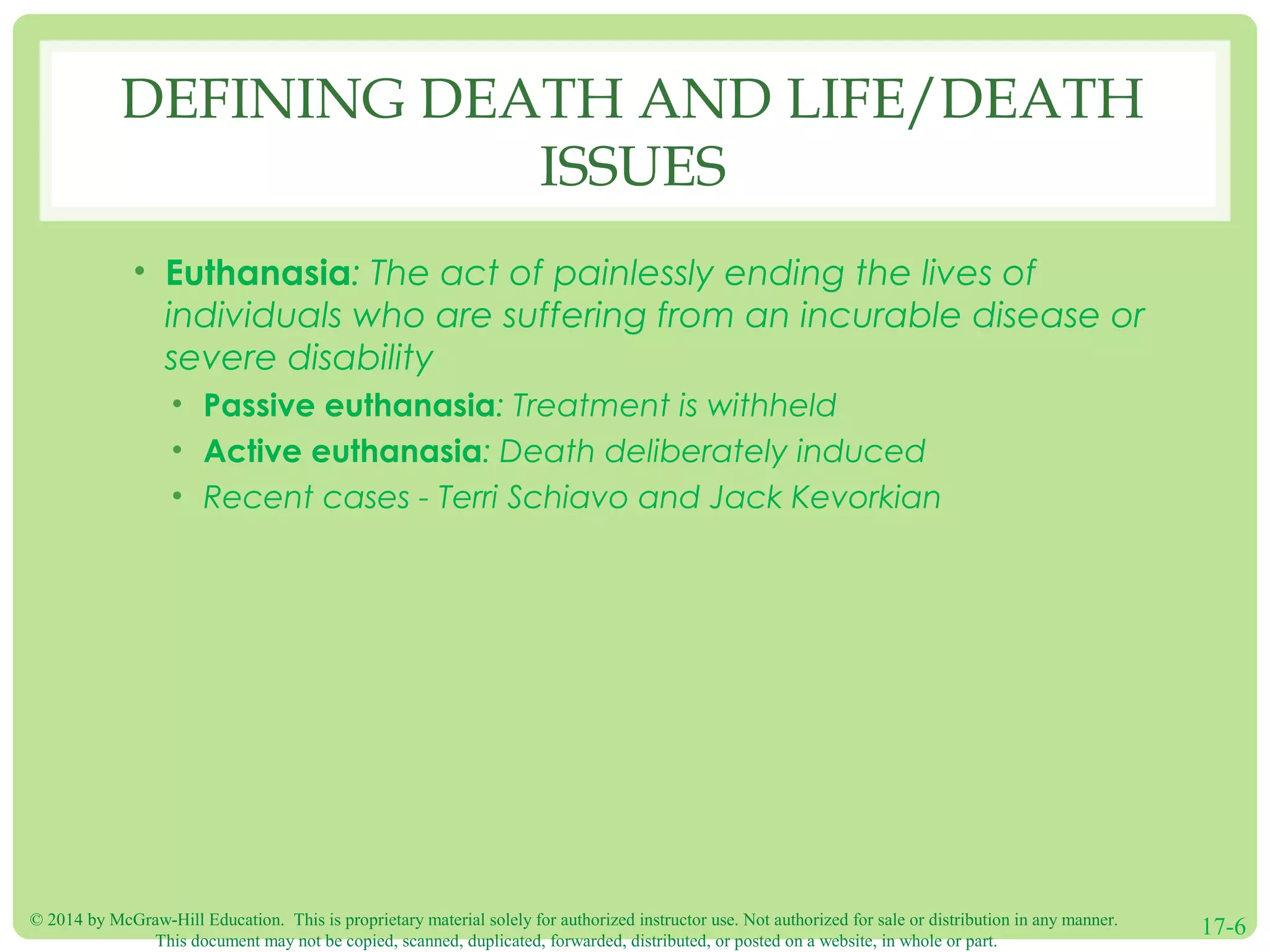 © 2014 by McGraw-Hill Education. This is proprietary material solely for authorized instructor use. Not authorized for sale or distribution in any manner.
This document may not be copied, scanned, duplicated, forwarded, distributed, or posted on a website, in whole or part.
17-6
DEFINING DEATH AND LIFE/DEATH
ISSUES
• Euthanasia: The act of painlessly ending the lives of
individuals who are suffering from an incurable disease or
severe disability
• Passive euthanasia: Treatment is withheld
• Active euthanasia: Death deliberately induced
• Recent cases - Terri Schiavo and Jack Kevorkian
 