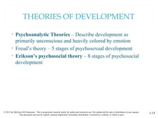 © 2015 by McGraw-Hill Education. This is proprietary material solely for authorized instructor use. Not authorized for sale or distribution in any manner.
This document may not be copied, scanned, duplicated, forwarded, distributed, or posted on a website, in whole or part.
1-15
THEORIES OF DEVELOPMENT
• Psychoanalytic Theories – Describe development as
primarily unconscious and heavily colored by emotion
• Freud’s theory – 5 stages of psychosexual development
• Erikson’s psychosocial theory – 8 stages of psychosocial
development
 