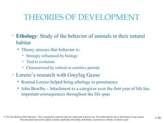 © 2015 by McGraw-Hill Education. This is proprietary material solely for authorized instructor use. Not authorized for sale or distribution in any manner.
This document may not be copied, scanned, duplicated, forwarded, distributed, or posted on a website, in whole or part.
1-26
THEORIES OF DEVELOPMENT
• Ethology: Study of the behavior of animals in their natural
habitat
• Theory stresses that behavior is:
• Strongly influenced by biology
• Tied to evolution
• Characterized by critical or sensitive periods
• Lorenz’s research with Greylag Geese
• Konrad Lorenz helped bring ethology to prominence
• John Bowlby - Attachment to a caregiver over the first year of life has
important consequences throughout the life span
 
