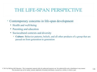 © 2015 by McGraw-Hill Education. This is proprietary material solely for authorized instructor use. Not authorized for sale or distribution in any manner.
This document may not be copied, scanned, duplicated, forwarded, distributed, or posted on a website, in whole or part.
1-6
THE LIFE-SPAN PERSPECTIVE
• Contemporary concerns in life-span development
• Health and well-being
• Parenting and education
• Sociocultural contexts and diversity
• Culture: Behavior patterns, beliefs, and all other products of a group that are
passed on from generation to generation
 