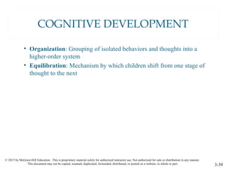 © 2015 by McGraw-Hill Education. This is proprietary material solely for authorized instructor use. Not authorized for sale or distribution in any manner.
This document may not be copied, scanned, duplicated, forwarded, distributed, or posted on a website, in whole or part. 3-39
COGNITIVE DEVELOPMENT
• Organization: Grouping of isolated behaviors and thoughts into a
higher-order system
• Equilibration: Mechanism by which children shift from one stage of
thought to the next
 