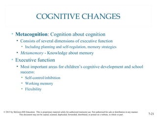 © 2015 by McGraw-Hill Education. This is proprietary material solely for authorized instructor use. Not authorized for sale or distribution in any manner.
This document may not be copied, scanned, duplicated, forwarded, distributed, or posted on a website, in whole or part. 7-21
COGNITIVE CHANGES
• Metacognition: Cognition about cognition
• Consists of several dimensions of executive function
• Including planning and self-regulation, memory strategies
• Metamemory - Knowledge about memory
• Executive function
• Most important areas for children’s cognitive development and school
success:
• Self-control/inhibition
• Working memory
• Flexibility
 