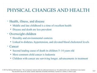 © 2015 by McGraw-Hill Education. This is proprietary material solely for authorized instructor use. Not authorized for sale or distribution in any manner.
This document may not be copied, scanned, duplicated, forwarded, distributed, or posted on a website, in whole or part. 7-7
PHYSICAL CHANGES AND HEALTH
• Health, illness, and disease
• Middle and late childhood is a time of excellent health
• Disease and death are less prevalent
• Overweight children
• Heredity and environmental contexts
• Linked to diabetes, hypertension, and elevated blood cholesterol levels
• Cancer
• Second leading cause of death in children 5–14 years old
• Most common child cancer is leukemia
• Children with cancer are surviving longer, advancements in treatment
 