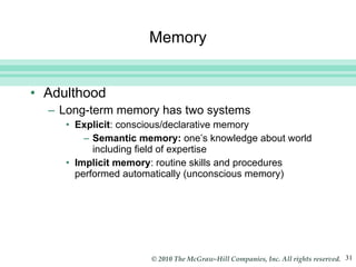 Memory Adulthood Long-term memory has two systems Explicit : conscious/declarative memory Semantic memory:  one’s knowledge about world including field of expertise Implicit memory : routine skills and procedures performed automatically (unconscious memory)  