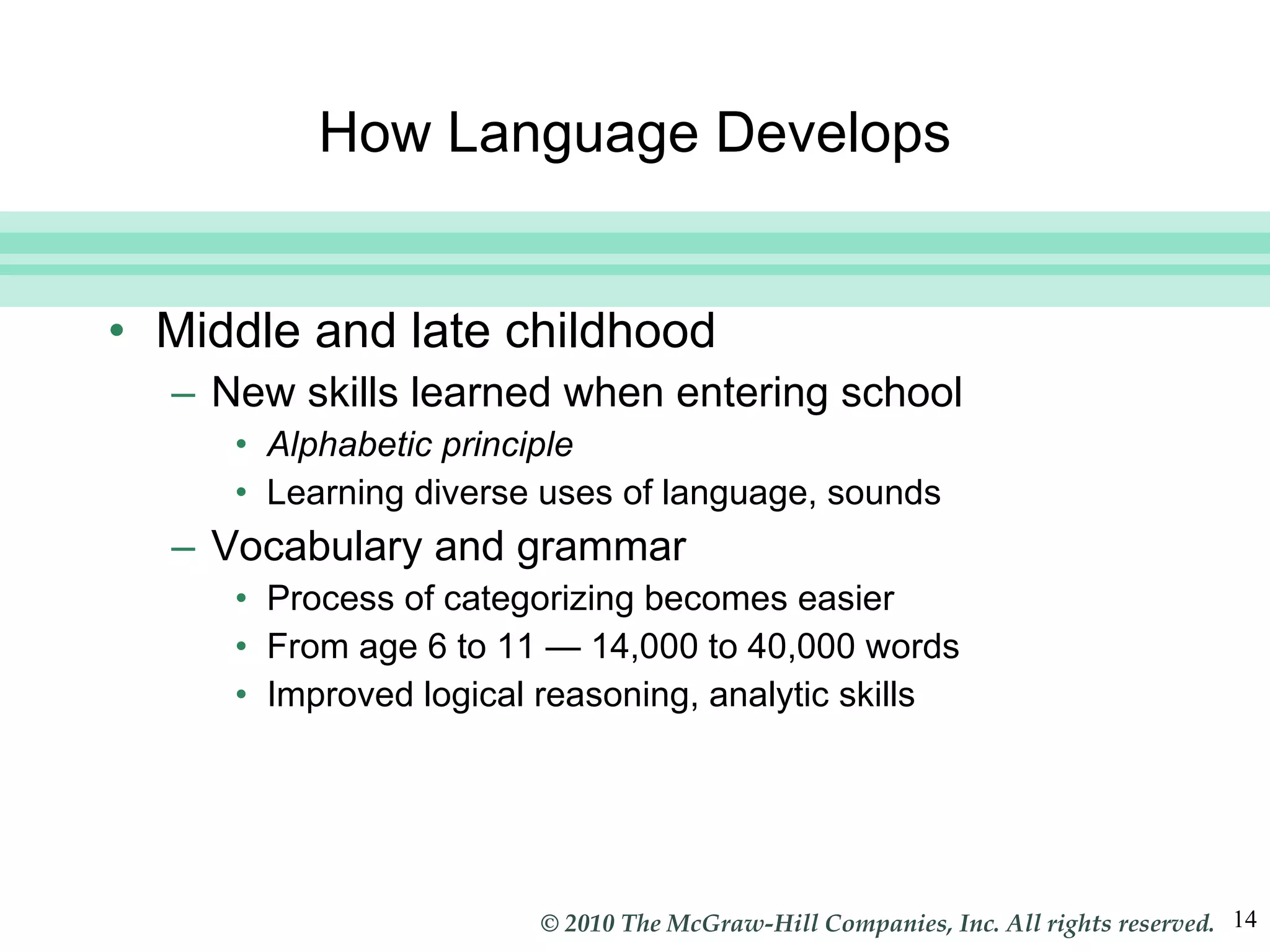 How Language Develops Middle and late childhood New skills learned when entering school Alphabetic principle Learning diverse uses of language, sounds Vocabulary and grammar Process of categorizing becomes easier From age 6 to 11 — 14,000 to 40,000 words Improved logical reasoning, analytic skills 