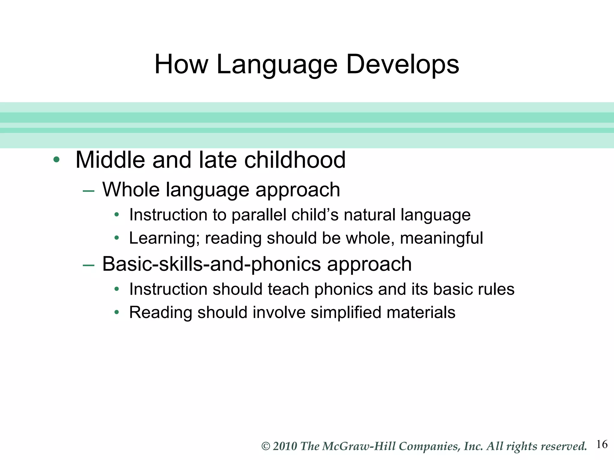 How Language Develops Middle and late childhood Whole language approach Instruction to parallel child’s natural language Learning; reading should be whole, meaningful Basic-skills-and-phonics approach Instruction should teach phonics and its basic rules  Reading should involve simplified materials  