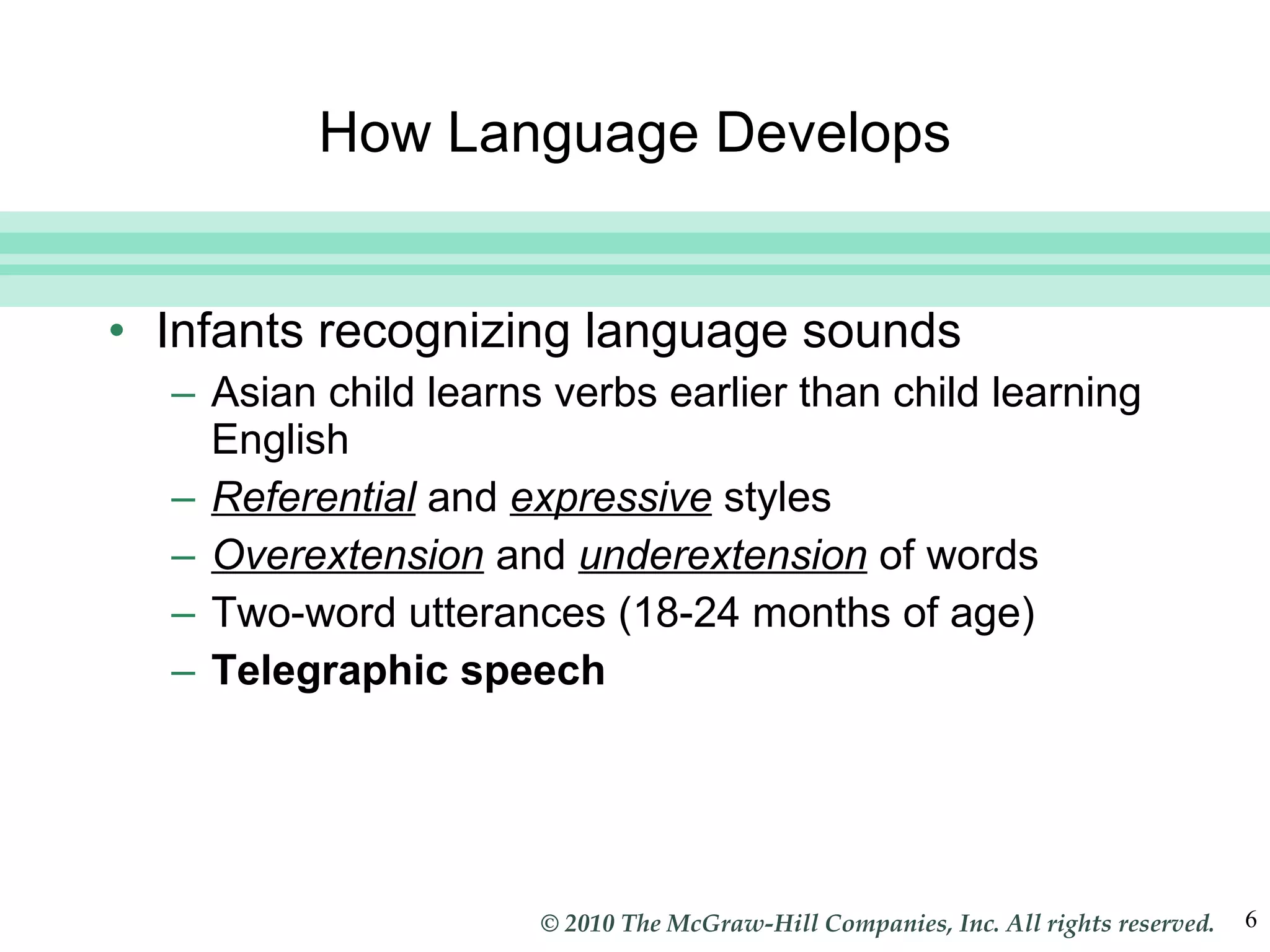 How Language Develops Infants recognizing language sounds Asian child learns verbs earlier than child learning English Referential  and  expressive  styles Overextension  and  underextension  of words Two-word utterances (18-24 months of age) Telegraphic speech 