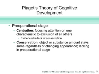 Piaget’s Theory of Cognitive Development Preoperational stage Centration : focusing attention on one characteristic to exclusion of all others Evidenced in lack of conservation Conservation : object or substance amount stays same regardless of changing appearance; lacking in preoperational stage 