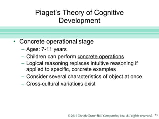 Piaget’s Theory of Cognitive Development Concrete operational stage Ages: 7-11 years Children can perform  concrete operations Logical reasoning replaces intuitive reasoning if applied to specific, concrete examples  Consider several characteristics of object at once Cross-cultural variations exist 