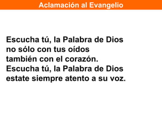 Aclamación al Evangelio



Escucha tú, la Palabra de Dios
no sólo con tus oídos
también con el corazón.
Escucha tú, la Palabra de Dios
estate siempre atento a su voz.
 