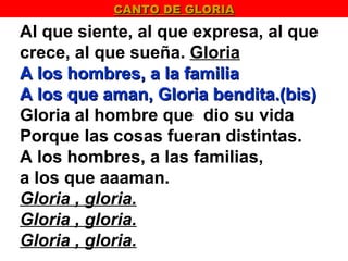CANTO DE GLORIA

Al que siente, al que expresa, al que
crece, al que sueña. Gloria
A los hombres, a la familia
A los que aman, Gloria bendita.(bis)
Gloria al hombre que dio su vida
Porque las cosas fueran distintas.
A los hombres, a las familias,
a los que aaaman.
Gloria , gloria.
Gloria , gloria.
Gloria , gloria.
 