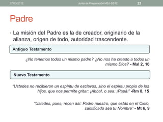 07/03/2012                               Junta de Preparación MSJ-SS12    23




Padre
• La misión del Padre es la de creador, originario de la
  alianza, origen de todo, autoridad trascendente.
  Antiguo Testamento

             ¿No tenemos todos un mismo padre? ¿No nos ha creado a todos un
                                                    mismo Dios? - Mal 2, 10

  Nuevo Testamento

 “Ustedes no recibieron un espíritu de esclavos, sino el espíritu propio de los
              hijos, que nos permite gritar: ¡Abba!, o sea: ¡Papá!” -Rm 8, 15


                 “Ustedes, pues, recen así: Padre nuestro, que estás en el Cielo,
                                             santificado sea tu Nombre” - Mt 6, 9
 