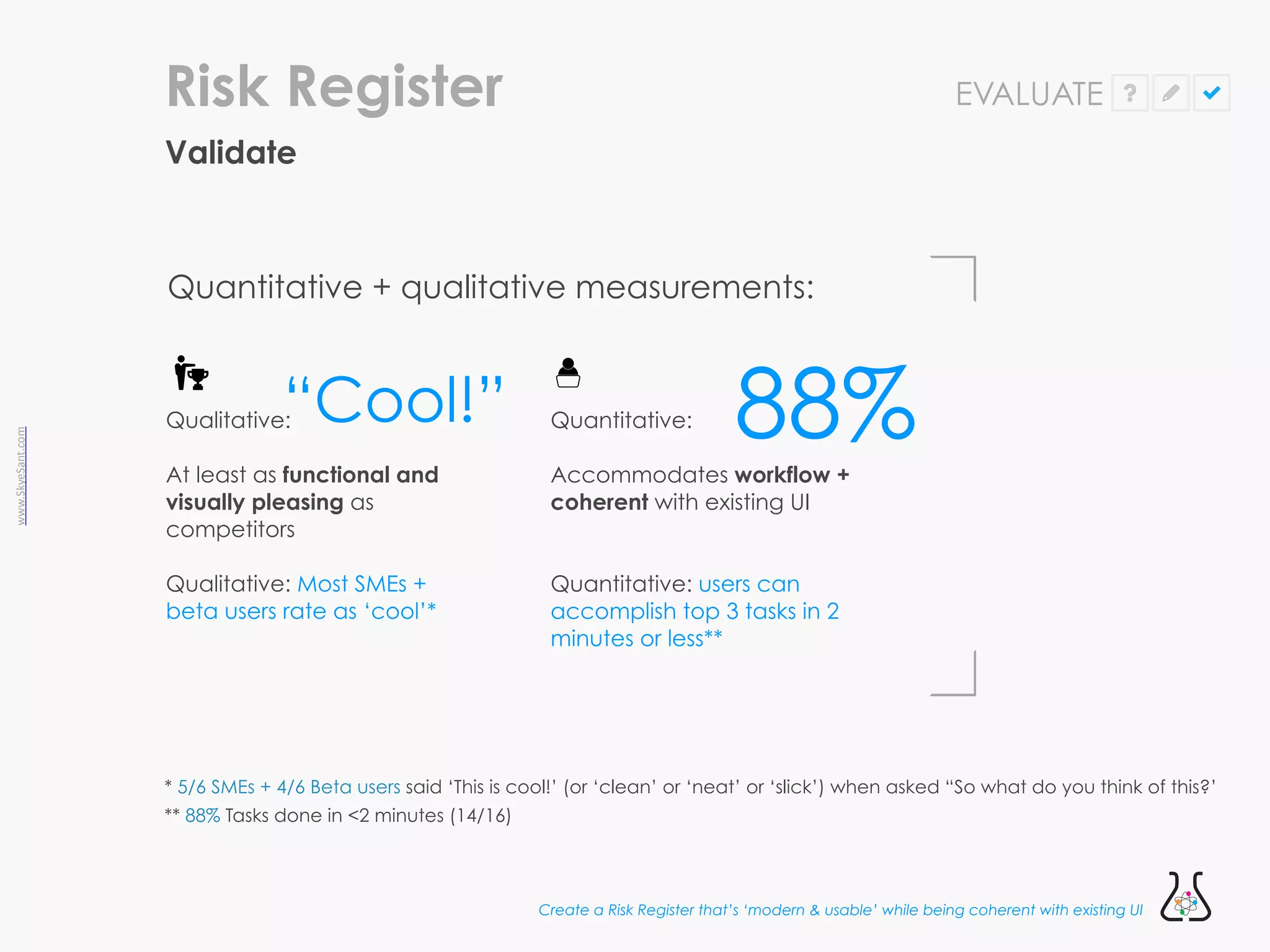 www.SkyeSant.com
Quantitative + qualitative measurements:
Qualitative:


At least as functional and
visually pleasing as
competitors


Qualitative: Most SMEs +
beta users rate as ‘cool’*


“Cool!” 88%
Quantitative:


Accommodates workflow +
coherent with existing UI


Quantitative: users can
accomplish top 3 tasks in 2
minutes or less**
* 5/6 SMEs + 4/6 Beta users said ‘This is cool!’ (or ‘clean’ or ‘neat’ or ‘slick’) when asked “So what do you think of this?’
** 88% Tasks done in <2 minutes (14/16)
Validate
Risk Register EVALUATE
Create a Risk Register that’s ‘modern & usable’ while being coherent with existing UI
 
