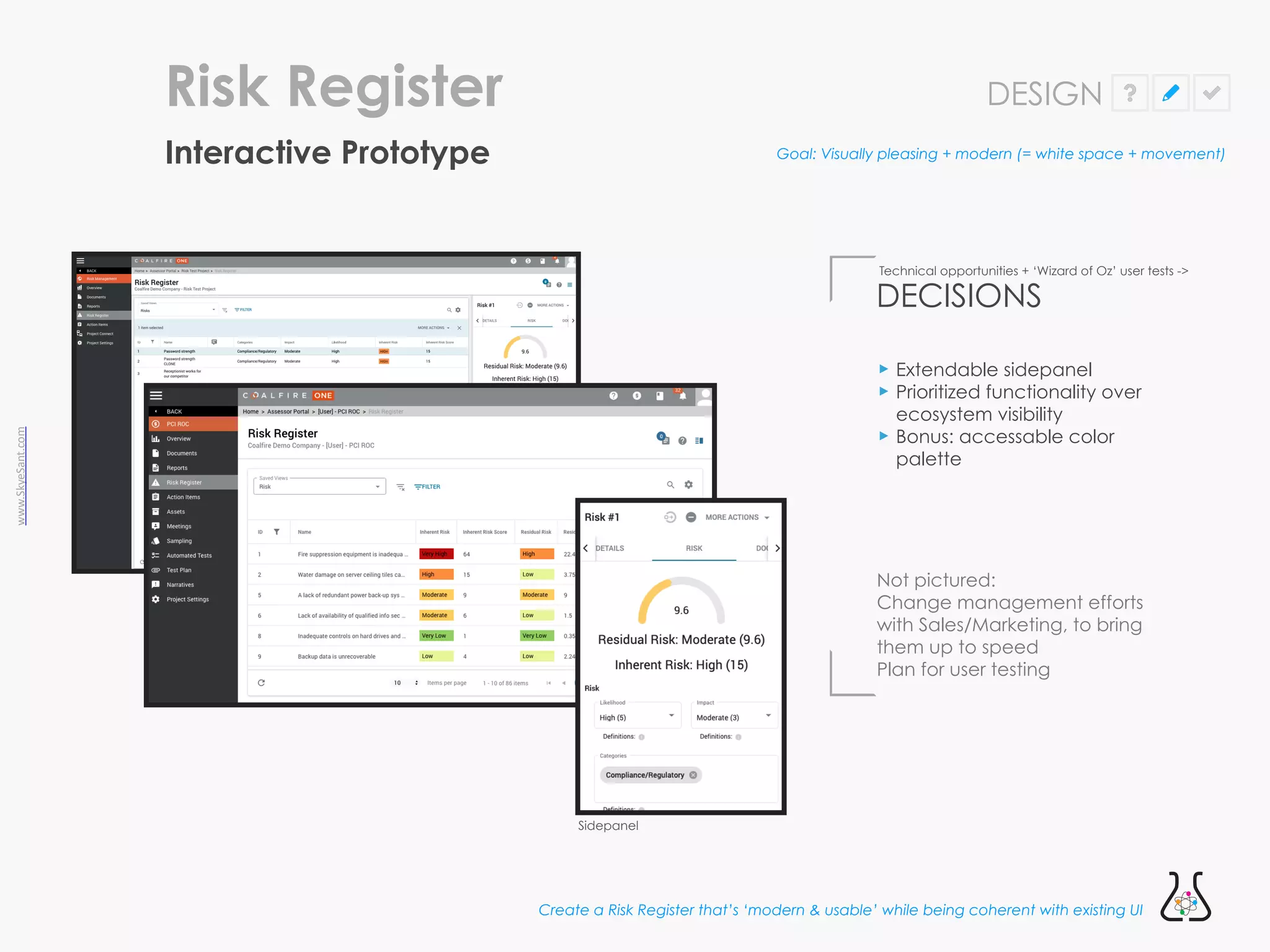 www.SkyeSant.com
Interactive Prototype
Risk Register
Create a Risk Register that’s ‘modern & usable’ while being coherent with existing UI
‣ Extendable sidepanel


‣ Prioritized functionality over
ecosystem visibility


‣ Bonus: accessable color
palette
DECISIONS
Technical opportunities + ‘Wizard of Oz’ user tests ->
Goal: Visually pleasing + modern (= white space + movement)
Not pictured:


Change management efforts
with Sales/Marketing, to bring
them up to speed


Plan for user testing
DESIGN
Sidepanel
 