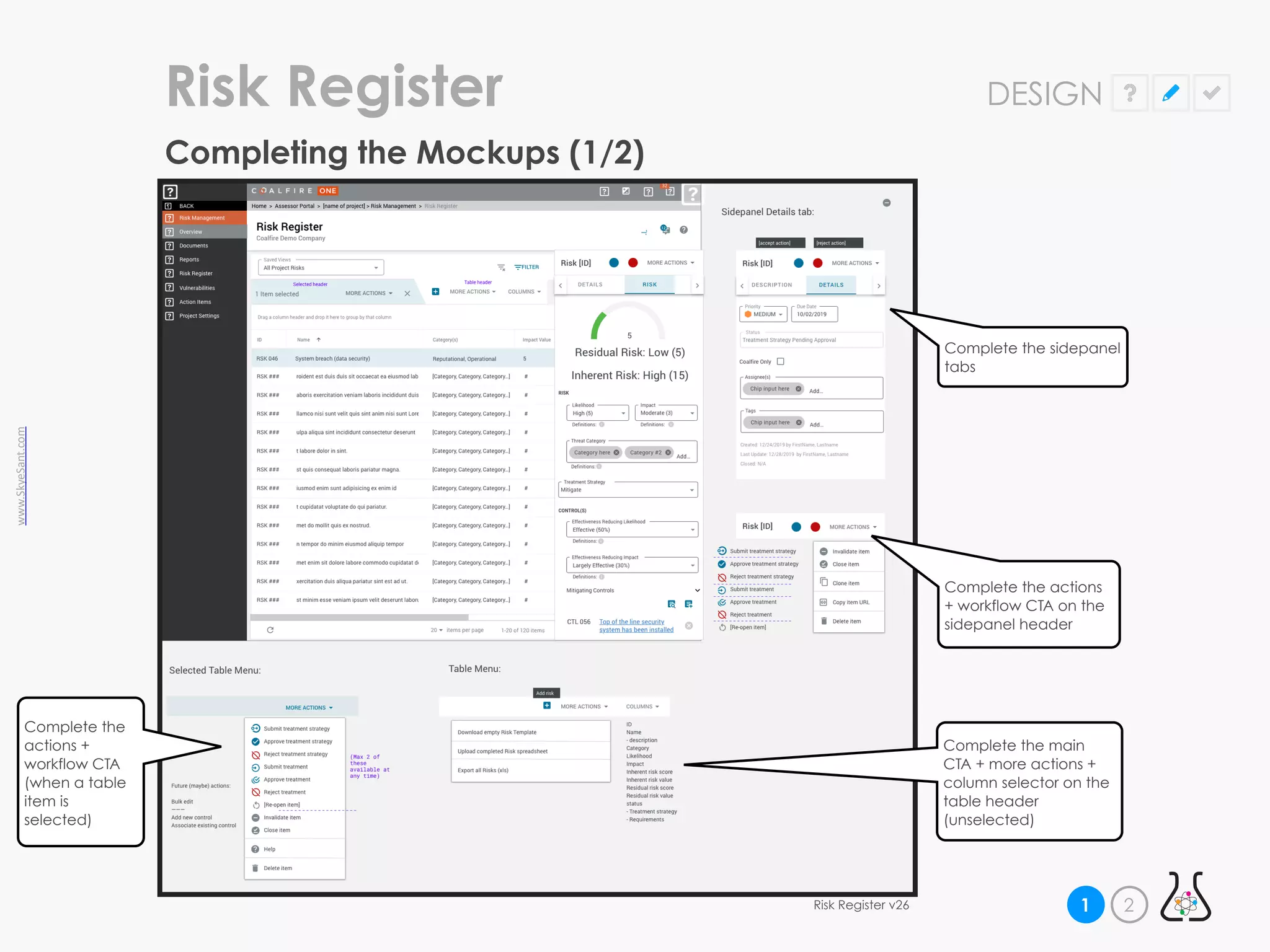 www.SkyeSant.com
Completing the Mockups (1/2)
Risk Register DESIGN
Risk Register v26 2
1
Complete the sidepanel
tabs
Complete the actions
+ workflow CTA on the
sidepanel header
Complete the
actions +
workflow CTA
(when a table
item is
selected)
Complete the main
CTA + more actions +
column selector on the
table header
(unselected)
 