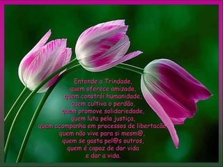 Entende a Trindade,Entende a Trindade,
quem oferece amizade,quem oferece amizade,
quem constrói humanidade,quem constrói humanidade,
quem cultiva o perdão,quem cultiva o perdão,
quem promove solidariedade,quem promove solidariedade,
quem luta pela justiça,quem luta pela justiça,
quem acompanha em processos de libertacão,quem acompanha em processos de libertacão,
quem não vive para si mesm@,quem não vive para si mesm@,
quem se gasta pel@s outros,quem se gasta pel@s outros,
quem é capaz de dar vidaquem é capaz de dar vida
e dar a vida.e dar a vida.
 