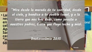 • Las Escrituras declaran que Dios
reside en el cielo (1 Rey. 8:30, 43) y
en este lugar está el santuario
celestial (Jer. 17:12, Génesis 1:1;
Apoc. 11:19; 14:17; 15:5). El
Santuario a menudo es llamado “la
casa de Dios” (Sal. 23:6) y la
“morada” de Dios (Deut. 26:15; Sal
68:5; Jer. 25:30; Zac. 2:13).
 