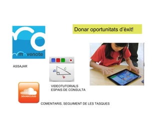 Donar oportunitats d’èxit!
ASSAJAR
VIDEOTUTORIALS
ESPAIS DE CONSULTA
COMENTARIS, SEGUIMENT DE LES TASQUES
 
