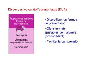 Disseny universal de l’aprenentatge (DUA)
• Diversificar les formes
de presentació
• Oferir formats
ajustables per l’alumne
(accessibilitat)
• Facilitar la comprensió
 